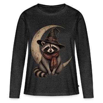 Raton laveur d’Halloween avec croissant de lune et chapeau de sorcière - T-shirt manches longues Premium bio Femme - anthracite chiné - Devant - Julia (174cm)