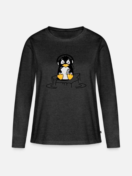 Cooler Pinguin mit Kopfhörern auf Eis - Frauen Premium Bio Langarmshirt - Anthrazit meliert