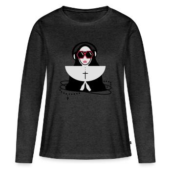 La religieuse avec des lunettes et un casque - T-shirt manches longues Premium bio Femme - anthracite chiné - Devant - Julia (174cm)