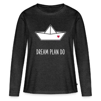 Dream Plan Do - Bateau en papier Cœur - T-shirt manches longues Premium bio Femme - anthracite chiné - Devant - Julia (174cm)