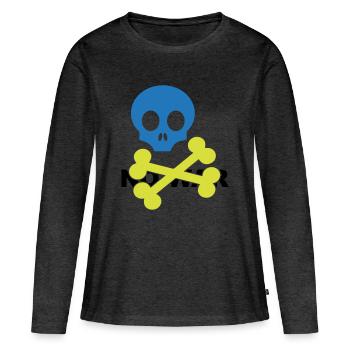 Crâne et os croisés bleu néon - T-shirt manches longues Premium bio Femme - anthracite chiné - Devant - Julia (174cm)