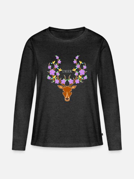Blumenreicher Hirsch mit Vogelakzenten - Frauen Premium Bio Langarmshirt - Anthrazit meliert