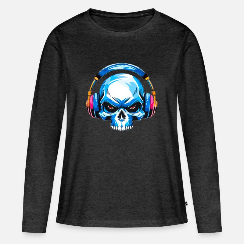 Skull mit kopfhörer - Frauen Premium Bio Langarmshirt - Anthrazit meliert