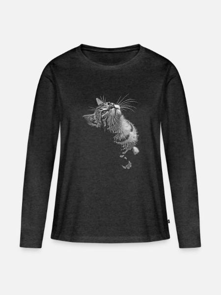 Graustufen Katzenschnurrer Blick - Frauen Premium Bio Langarmshirt - Anthrazit meliert