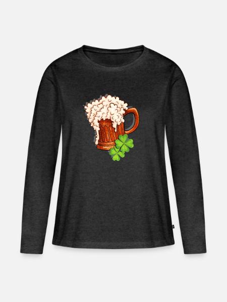 Bierkrug und Kleeblatt Design - Frauen Premium Bio Langarmshirt - Anthrazit meliert