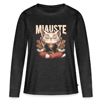 Yoga Chat Miaou Méditation Namasté - T-shirt manches longues Premium bio Femme - anthracite chiné - Devant - Julia (174cm)