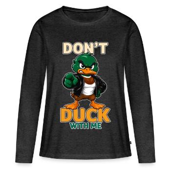 Ne me prends pas la tête drôle, canard colvert en colère - T-shirt manches longues Premium bio Femme - anthracite chiné - Devant - Julia (174cm)