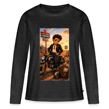 Steven Biker Motorcycle Road 66 Vintage – Kek-Ina - Frauen Premium Bio Langarmshirt - Anthrazit meliert - Vorne - Julia (174cm)