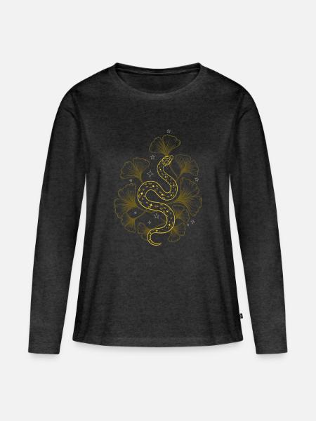 Schlange mit Ginkgo im Frühling - Frauen Premium Bio Langarmshirt - Anthrazit meliert