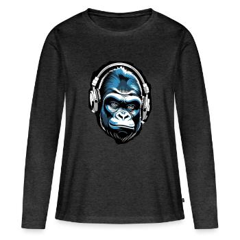 Musik Affe Gorilla mit Kopfhoerer als Geschenkidee - Frauen Premium Bio Langarmshirt - Anthrazit meliert - Vorne - Julia (174cm)