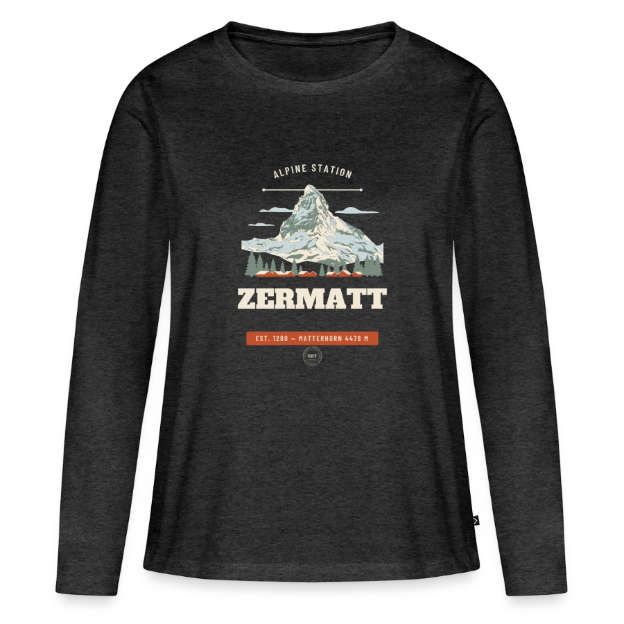 Zermatt badge on a women's premium organic long sleeve shirt, heather anthracite