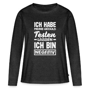 La patience à l’épreuve – je suis négatif - T-shirt manches longues Premium bio Femme - anthracite chiné - Devant - Julia (174cm)