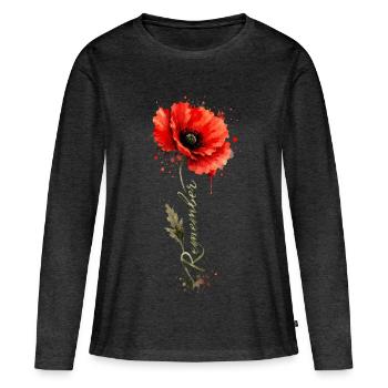 Coquelicot Remember | Jour du Souvenir Hommage - T-shirt manches longues Premium bio Femme - anthracite chiné - Devant - Julia (174cm)
