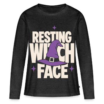 Chapeau de Sorcière au Visage de Sorcière au repos - T-shirt manches longues Premium bio Femme - anthracite chiné - Devant - Julia (174cm)