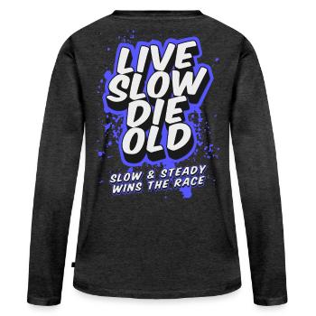 Live Slow Die Old - LSDO - Frauen Premium Bio Langarmshirt - Anthrazit meliert - Hinten - Julia (174cm)