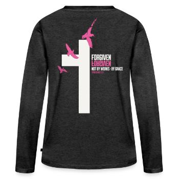 FORGIVEN Kreuz Tauben Pink Weiß Vers - Frauen Premium Bio Langarmshirt - Anthrazit meliert - Hinten - Julia (174cm)