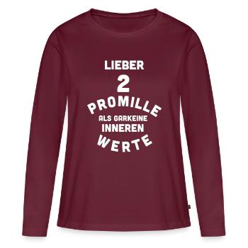 2 Promille, 0 Sorgen - Frauen Premium Bio Langarmshirt - Burgunderrot - Vorne - Julia (174cm)