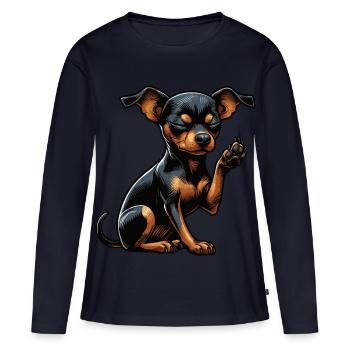 Pinscher miniature Pinscher Pinscher Pinscher Propriétaire Minpin - T-shirt manches longues Premium bio Femme - bleu marine - Devant - Julia (174cm)
