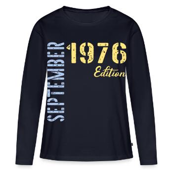September 1976, 50th birthday - Women's Premium Organic Long Sleeve Shirt - navy - Front - Julia (174cm)