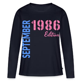 Anniversaire de septembre 1986 - T-shirt manches longues Premium bio Femme - bleu marine - Devant - Julia (174cm)