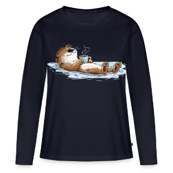 Chillender Otter Relaxen Wasser Tierhumor Cartoon - Frauen Premium Bio Langarmshirt - Navy - Vorne - Julia (174cm)