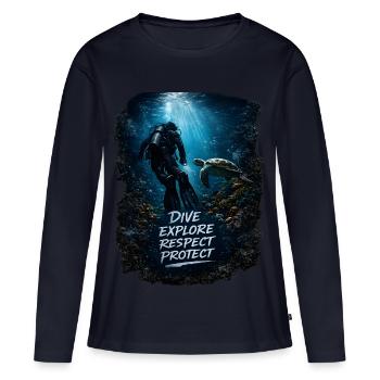 Plonge. Explorez. Le respect. Protège. – Plongeurs & Océans - T-shirt manches longues Premium bio Femme - bleu marine - Devant - Julia (174cm)