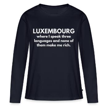 Luxembourg : Trilingue mais toujours fauché - T-shirt manches longues Premium bio Femme - bleu marine - Devant - Julia (174cm)