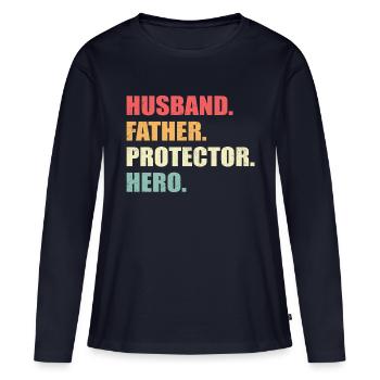 Mari, Père, Protecteur, Héros - T-shirt manches longues Premium bio Femme - bleu marine - Devant - Julia (174cm)
