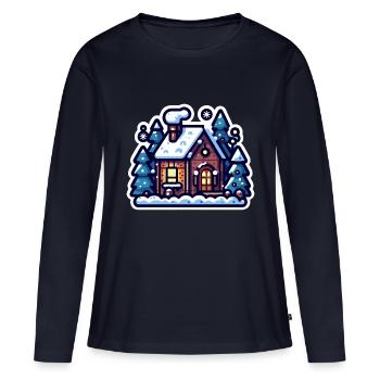 Gemütliche Winterhütte: Festliche Urlaubsillustration - Frauen Premium Bio Langarmshirt - Navy - Vorne - Julia (174cm)
