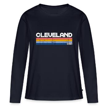 Vintage 70s 80s Style Cleveland, OH - T-shirt manches longues Premium bio Femme - bleu marine - Devant - Julia (174cm)
