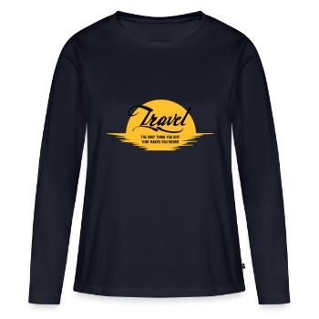 TRAVEL IS - T-shirt manches longues Premium bio Femme - bleu marine - Devant - Julia (174cm)