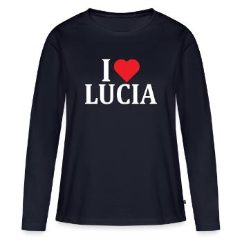 nom du t-shirt J’aime Lucia idée cadeau t-shirt - T-shirt manches longues Premium bio Femme - bleu marine - Devant - Julia (174cm)