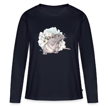Ratte vor zarten Blumen auf Wasserfarbenklecks - Frauen Premium Bio Langarmshirt - Navy - Vorne - Julia (174cm)