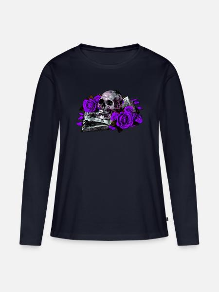 Schädel im violetten Rosenbuch - Frauen Premium Bio Langarmshirt - Navy