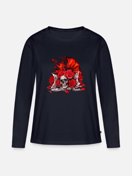 Rosenknochen Gothic Flammenrose - Frauen Premium Bio Langarmshirt - Navy