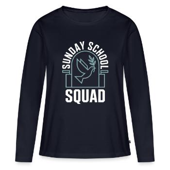 Équipe d’école du dimanche - T-shirt manches longues Premium bio Femme - bleu marine - Devant - Julia (174cm)
