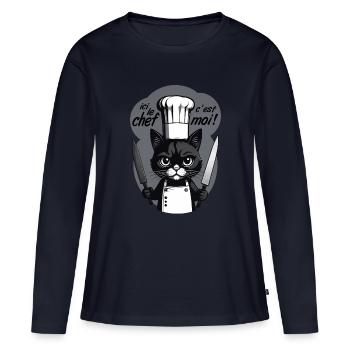 ici le chef c'est moi ! humour chat chef cuisine - T-shirt manches longues Premium bio Femme - bleu marine - Devant - Julia (174cm)