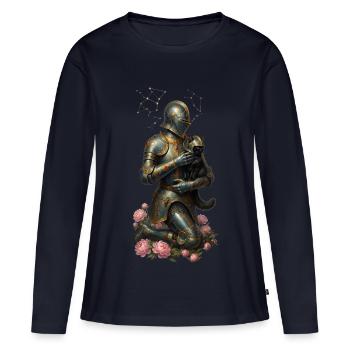 Chevalier et chat dans la roseraie - T-shirt manches longues Premium bio Femme - bleu marine - Devant - Julia (174cm)