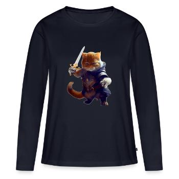 Chat en tant que chevalier avec une épée en tant que combattant courageux - T-shirt manches longues Premium bio Femme - bleu marine - Devant - Julia (174cm)
