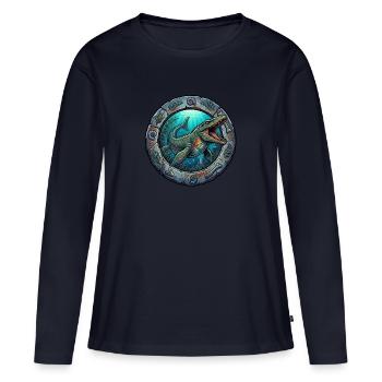 Dinosaures sous-marins dans l’anneau de pierre - T-shirt manches longues Premium bio Femme - bleu marine - Devant - Julia (174cm)