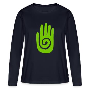 Chaman - Main de Guérison & Symbole de Protection - Vert - T-shirt manches longues Premium bio Femme - bleu marine - Devant - Julia (174cm)