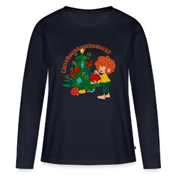 Pumuckl Christbaumkugelpumuckl Und Weihnachtbaum - Frauen Premium Bio Langarmshirt - Navy - Vorne - Julia (174cm)