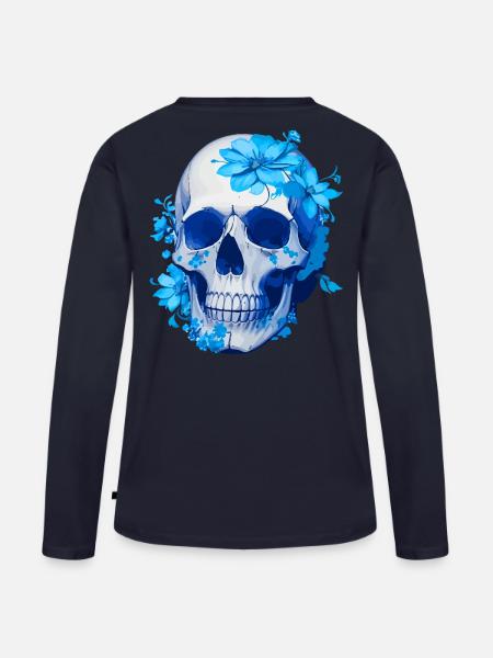 Intensiv blauer Blumenschädel - Frauen Premium Bio Langarmshirt - Navy