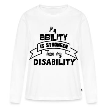 Une personne handicapée est plus forte que son handicap # - T-shirt manches longues Premium bio Femme - blanc - Devant - Julia (174cm)