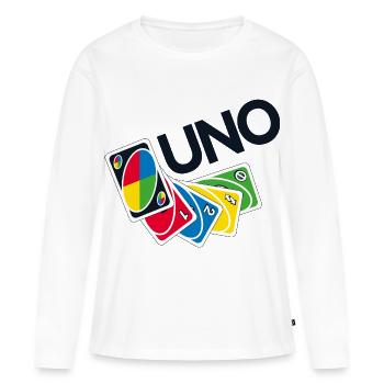 UNO™ Schwarzes Logo Mit Ausgebreiteten Karten - Frauen Premium Bio Langarmshirt - Weiß - Vorne - Julia (174cm)