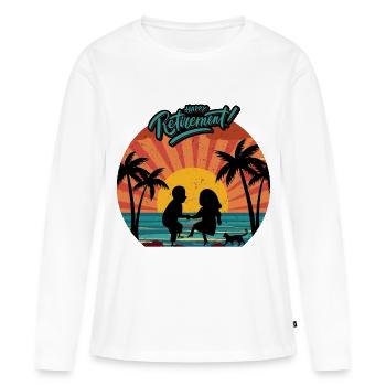 Couple de maison d’hôtes dansant joyeusement le coucher du soleil palmiers - T-shirt manches longues Premium bio Femme - blanc - Devant - Julia (174cm)