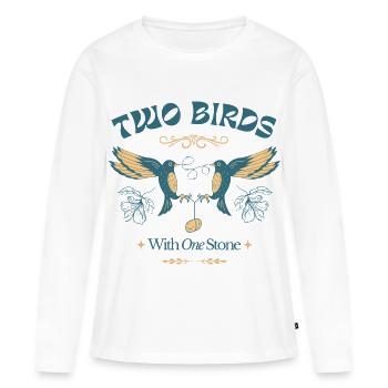 D’une pierre deux oiseaux – Illustration d’oiseau vintage - T-shirt manches longues Premium bio Femme - blanc - Devant - Julia (174cm)