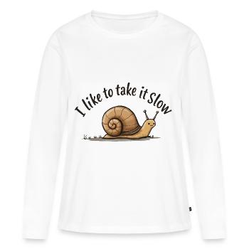 Langsame Schnecke „Nimm es langsam“ - Frauen Premium Bio Langarmshirt - Weiß - Vorne - Julia (174cm)