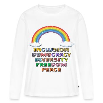 DEMOKRATIE INKLUSION FRIEDEN STOLZ - Frauen Premium Bio Langarmshirt - Weiß - Vorne - Julia (174cm)