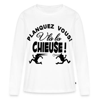 La Chieuse arrive planquez vous! - T-shirt manches longues Premium bio Femme - blanc - Devant - Julia (174cm)